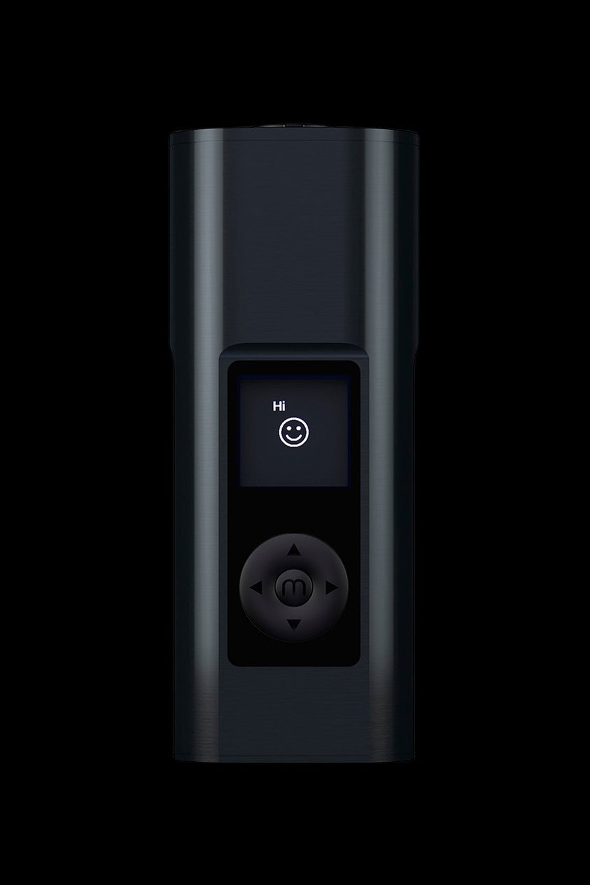 Black cannabis vaporizer with illuminated display showing a smiling face.