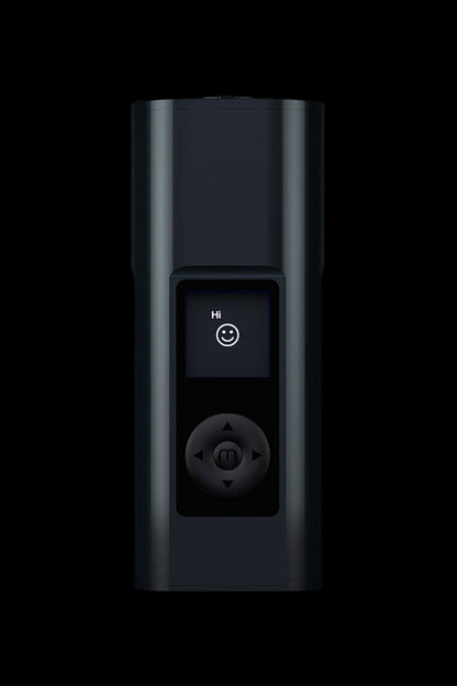Black cannabis vaporizer with illuminated display showing a smiling face.