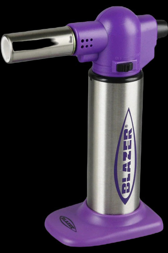 Purple butane torch lighter with “Blazer” branding.