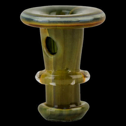 Close-up front view of the Empire Glassworks PuffCo 'New Peak' & Proxy Glass Joystick Cap - Vintage in olive-green glass with a rounded top and single side hole against a black background