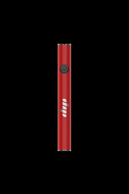 Red cannabis vape pen with silver accents, isolated on a black background.