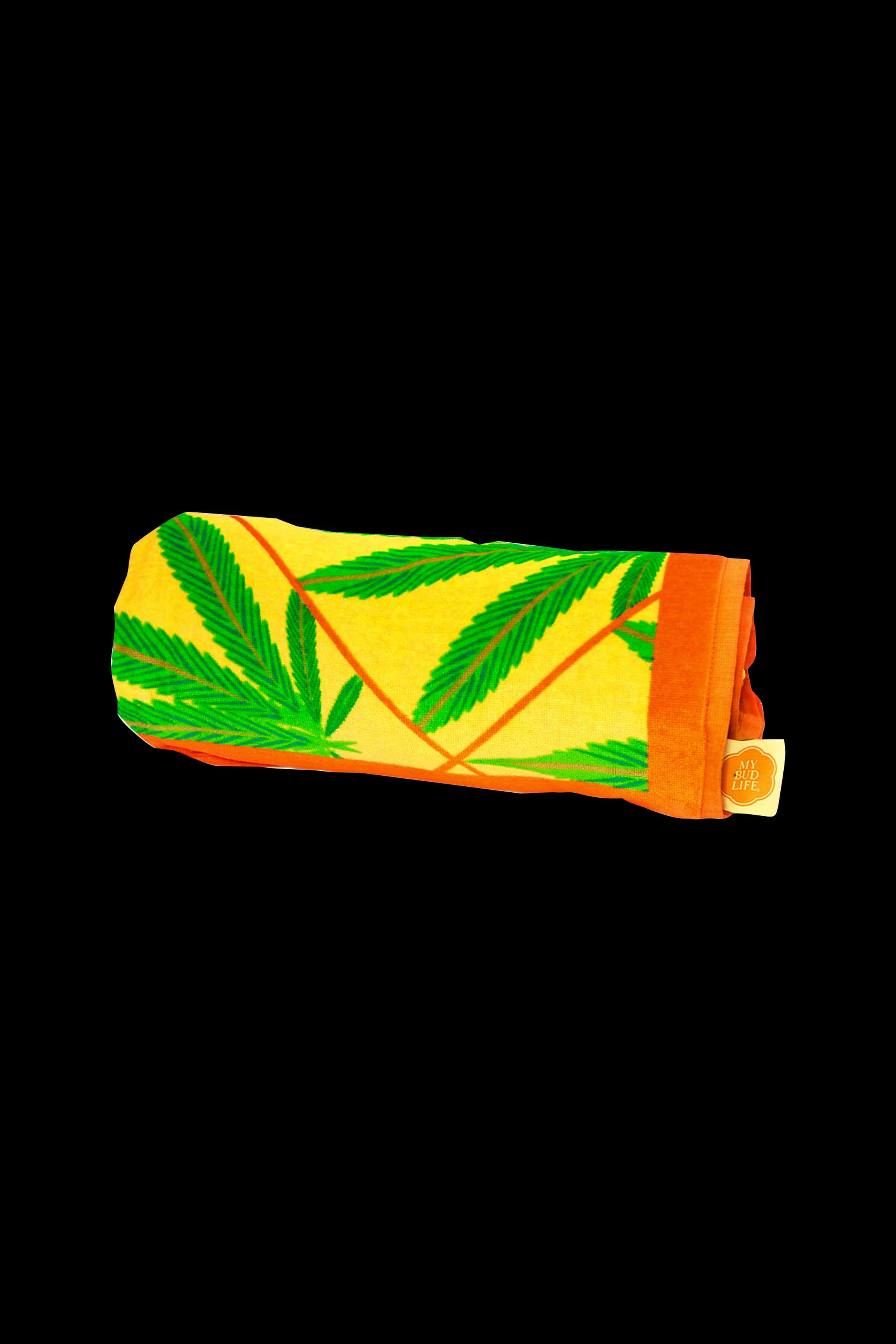 Rolled cannabis leaf-patterned beach towel with a yellow and orange color scheme.