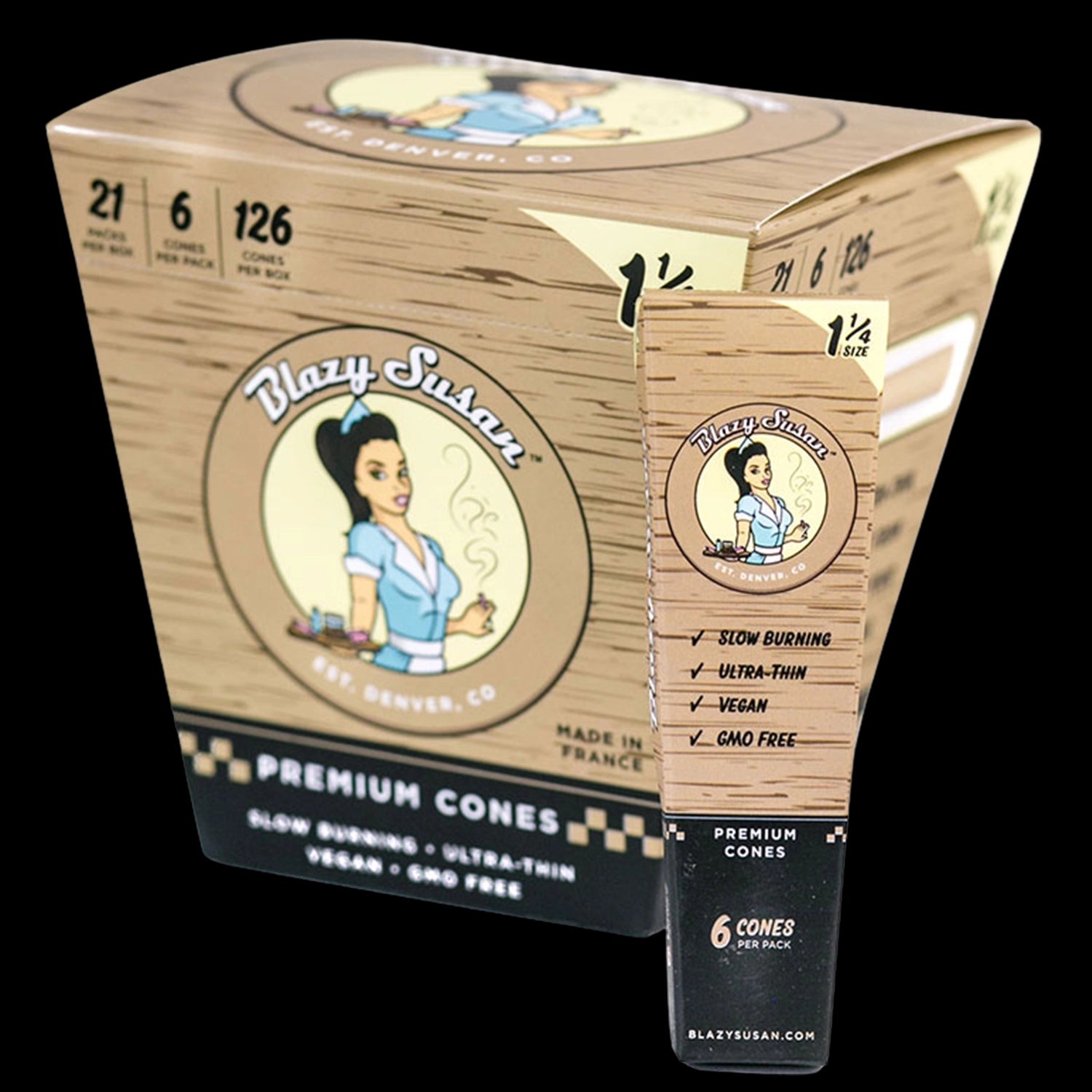 Blazy Susan 1 1/4" Unbleached Pre Rolled Cones - Display Box