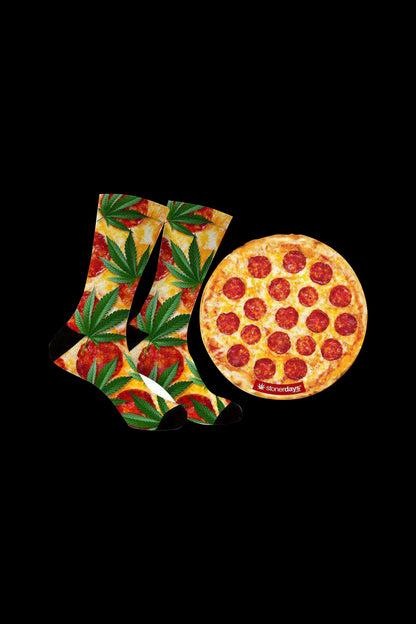 Cannabis-leaf patterned socks paired with a pepperoni pizza-shaped grinder.