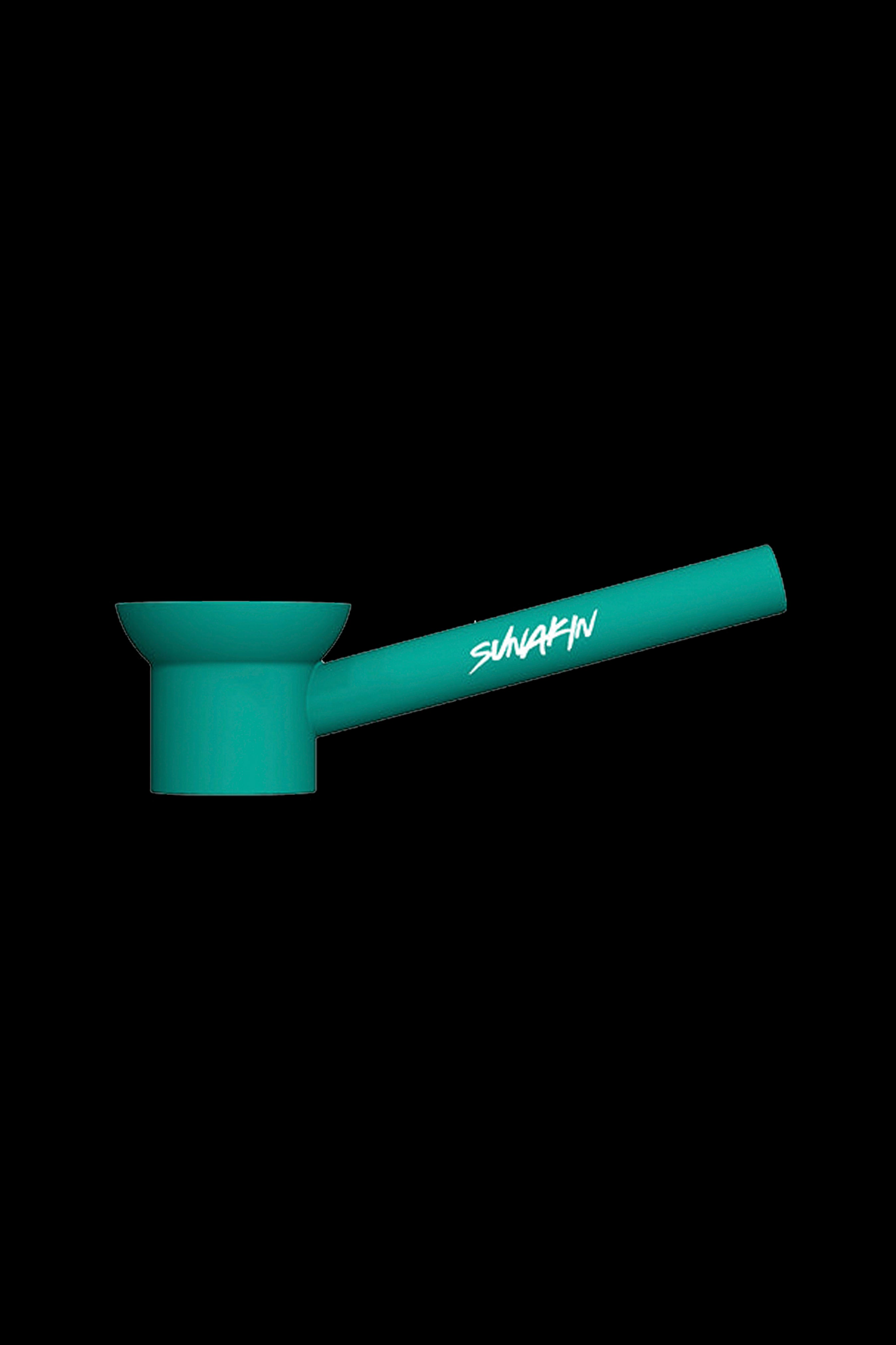 Teal cannabis bubbler with “Sunakin” text.