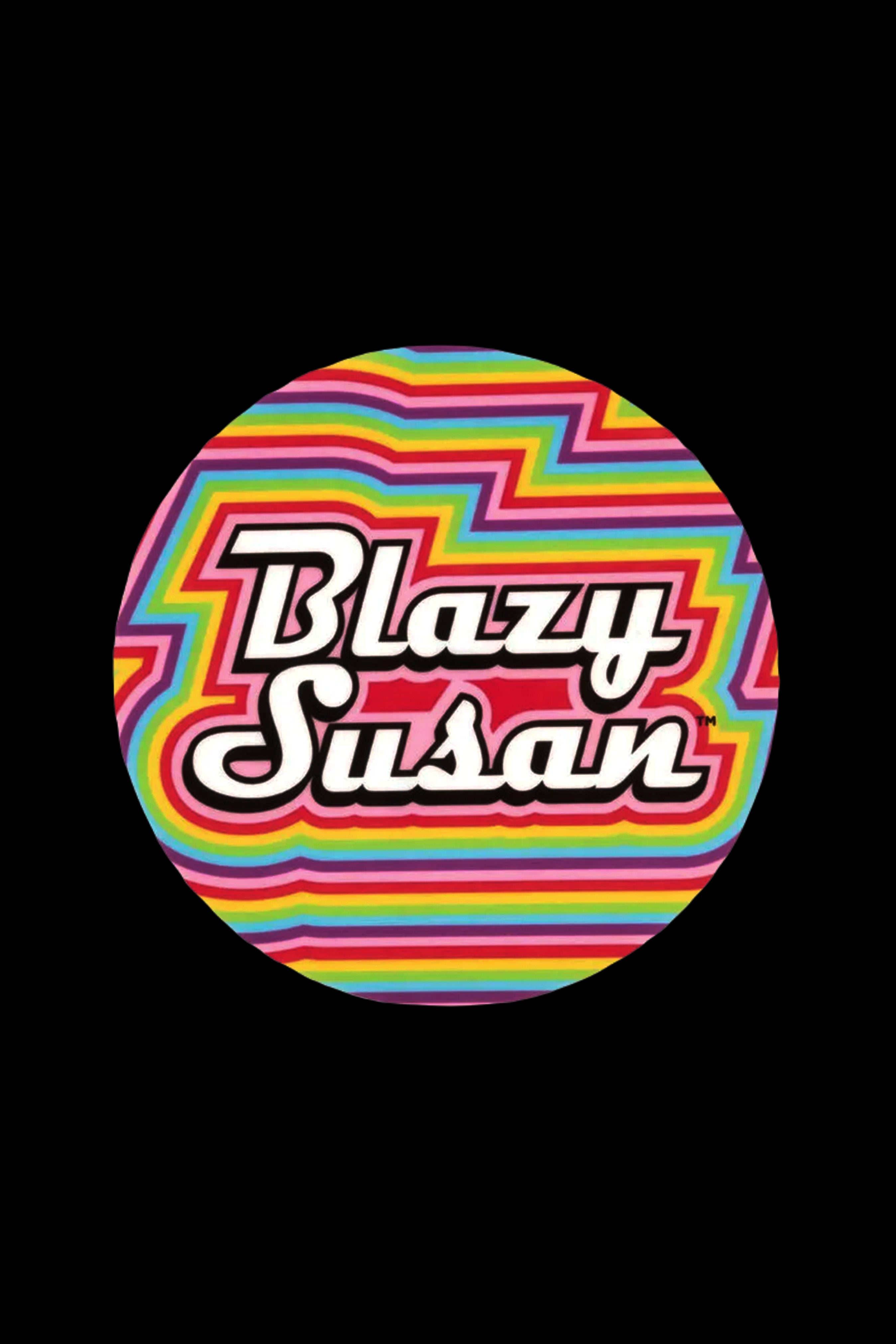 Retro-style circular logo for “Blazy Susan” with vibrant, horizontal stripes and orange outline, promoting cannabis accessories.