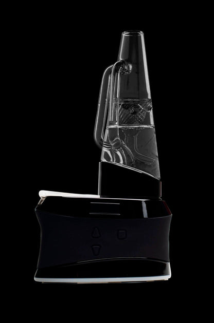 A glass and electronic cannabis dab rig on a black surface.