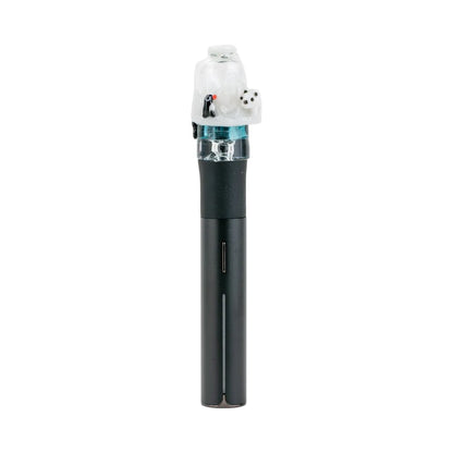 Centered close-up of the Empire Glassworks Puffco Pivot Glass Mouthpiece - Avenge the Arctic perched on a black Pivot stem, showing a white sculpted polar bear glass tip with a turquoise accent.