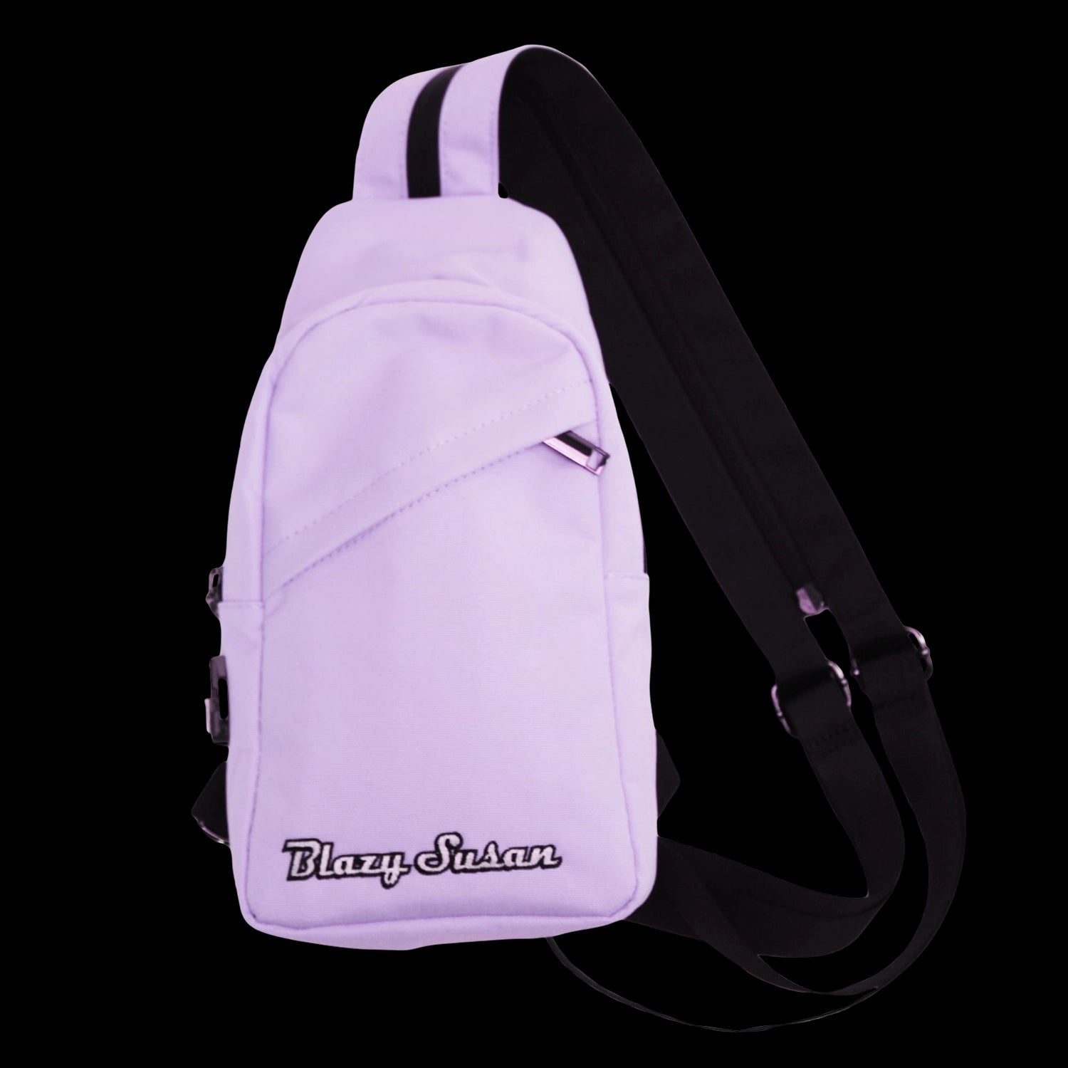 Angled close-up of the purple Blazy Susan Over-The-Shoulder Bag showing its front pocket, diagonal zipper detail, and black shoulder strap against a black background