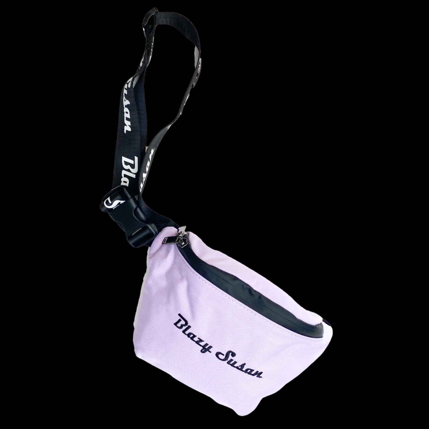 Angled close-up of the purple Blazy Susan Fanny Pack showing its black branded strap, buckle, zipper, and logo on a black background
