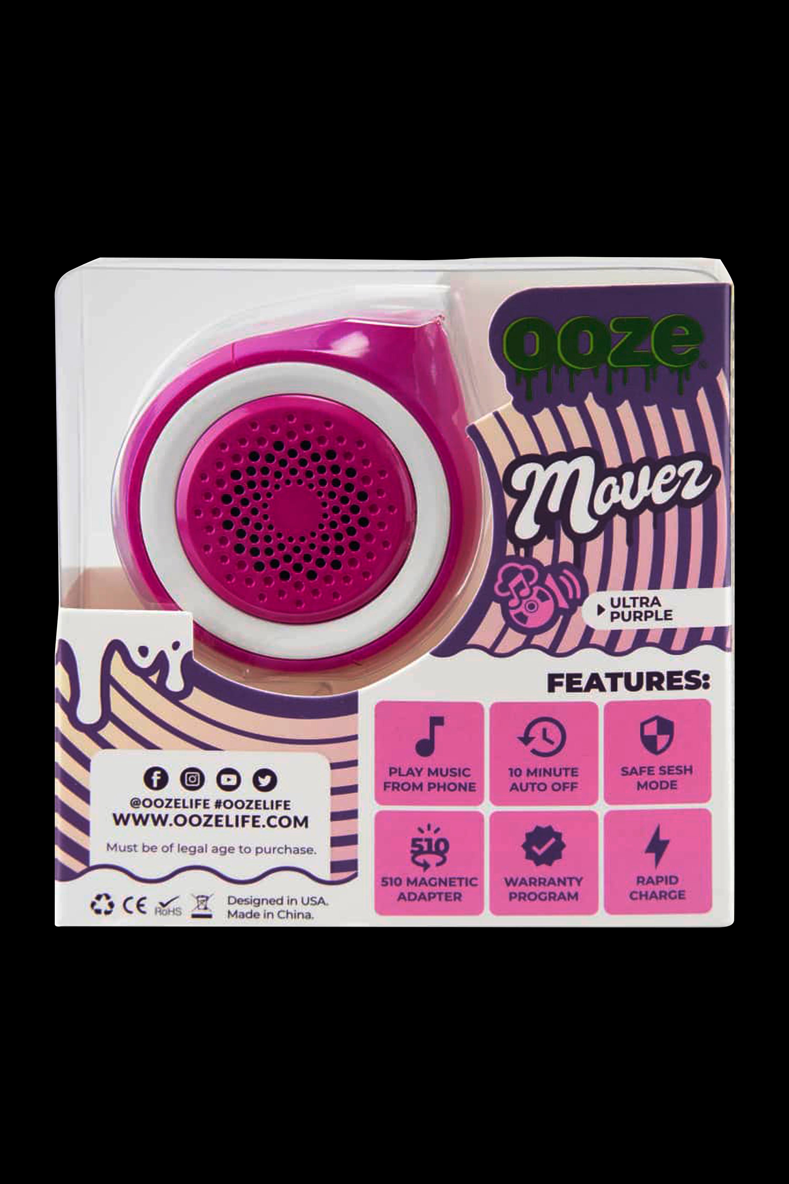 Close-up of a pink and purple “Ooze Movez” portable speaker with feature icons detailing Bluetooth connectivity, auto shut-off, and fast charging. 