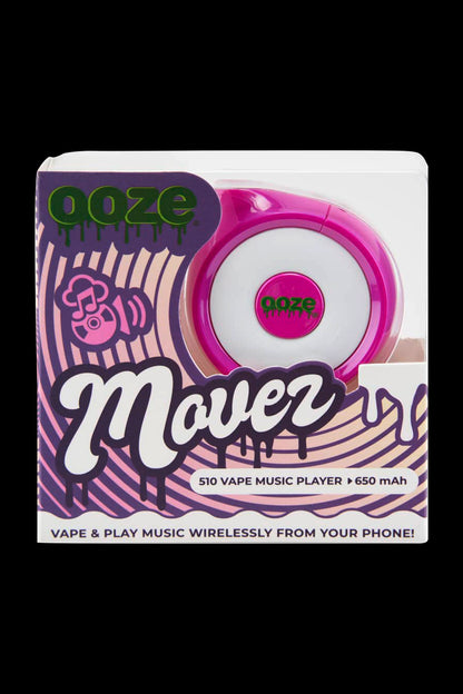 A product shot of the "Ooze Moverz" – a pink and purple 510 vape pen with a built-in wireless speaker, marketed with the tagline "Vape & Play Music Wirelessly From Your Phone!" 650 mAh.