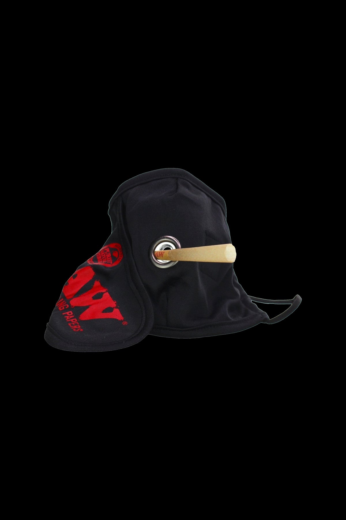 Black smoking mask with red RAW Papers logo, isolated on a white background.