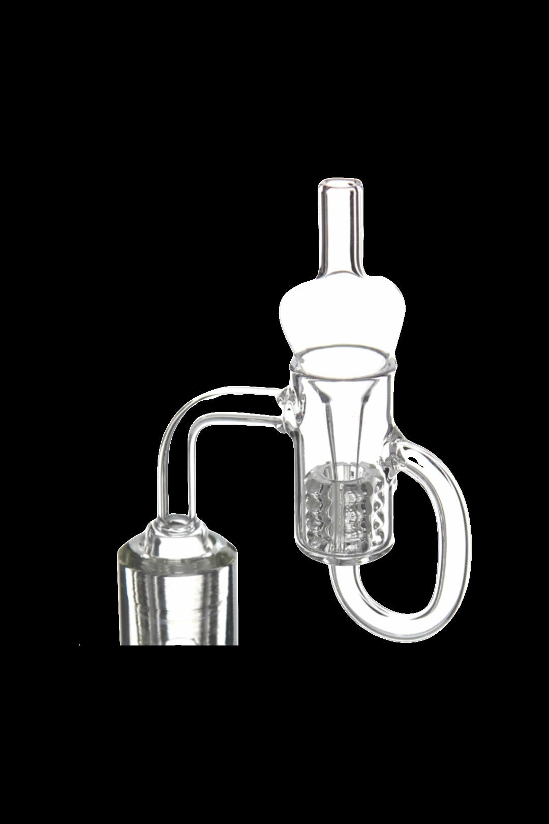 Clear glass dab rig with intricate percolator and angled mouthpiece.
