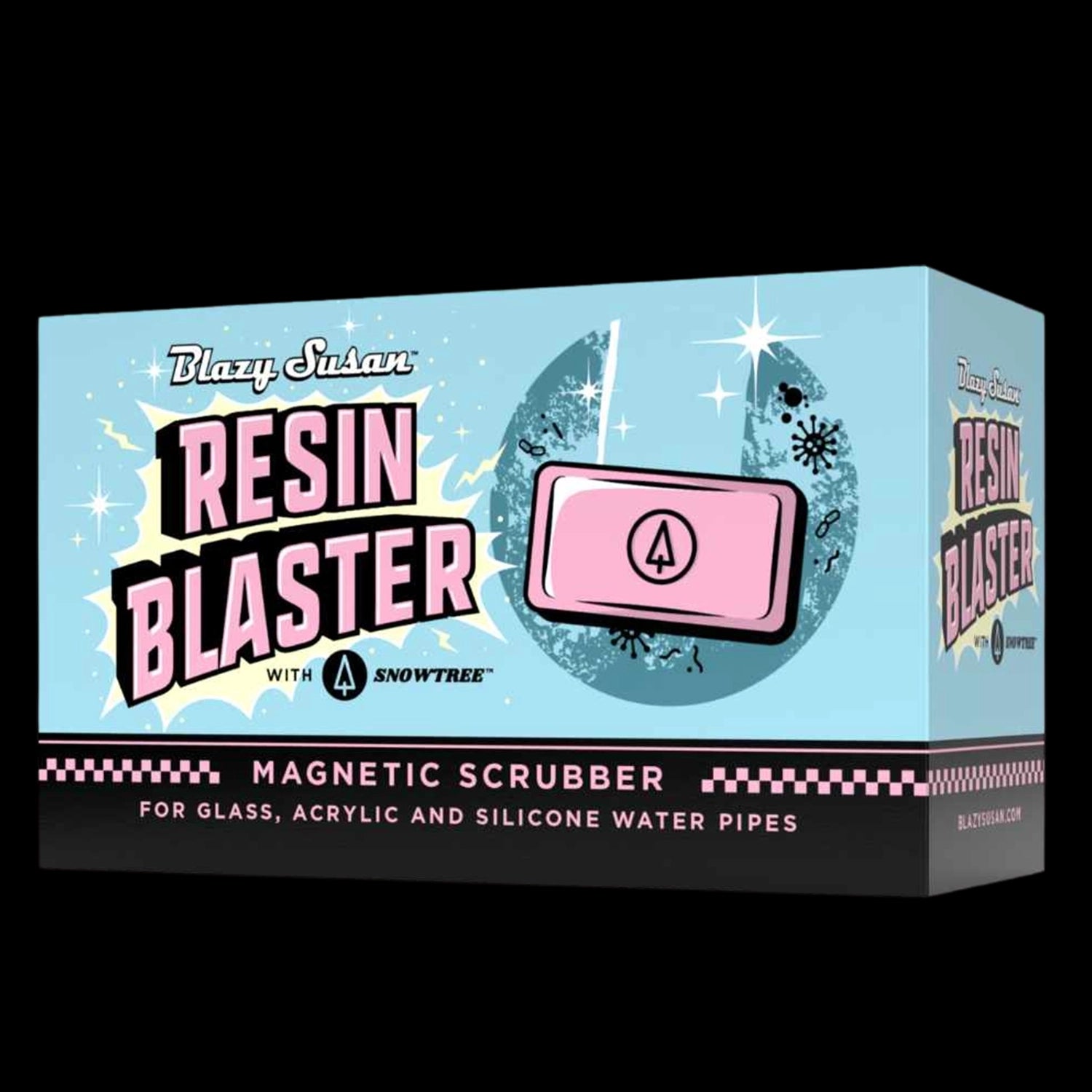 Angled close-up of the pastel blue box artwork for the Blazy Susan Resin Blaster Magnetic Scrubber showing bold pink lettering.