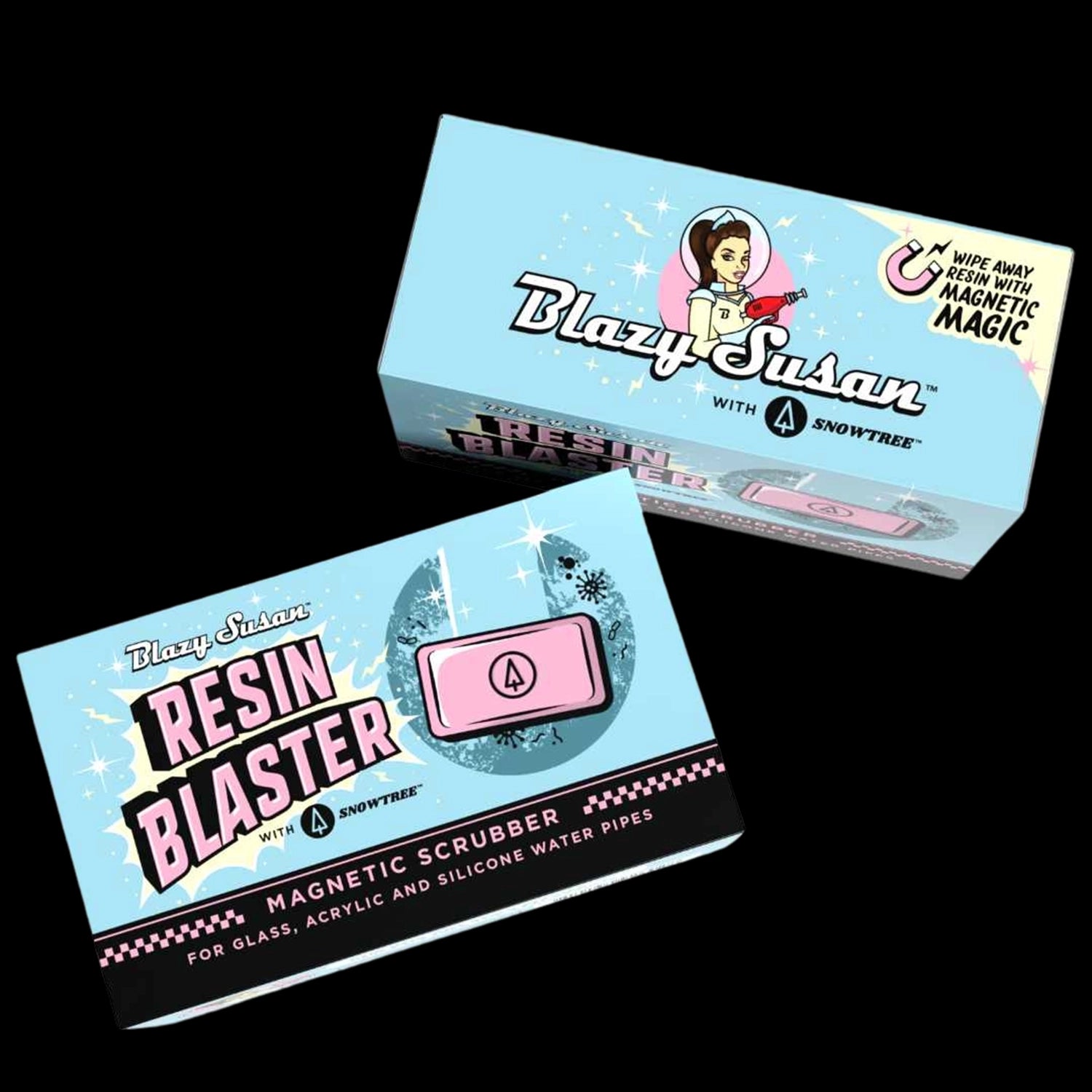 Two angled boxes on a black background showing the pink and blue packaging of the Blazy Susan Resin Blaster Magnetic Scrubber with retro artwork and sparkle accents