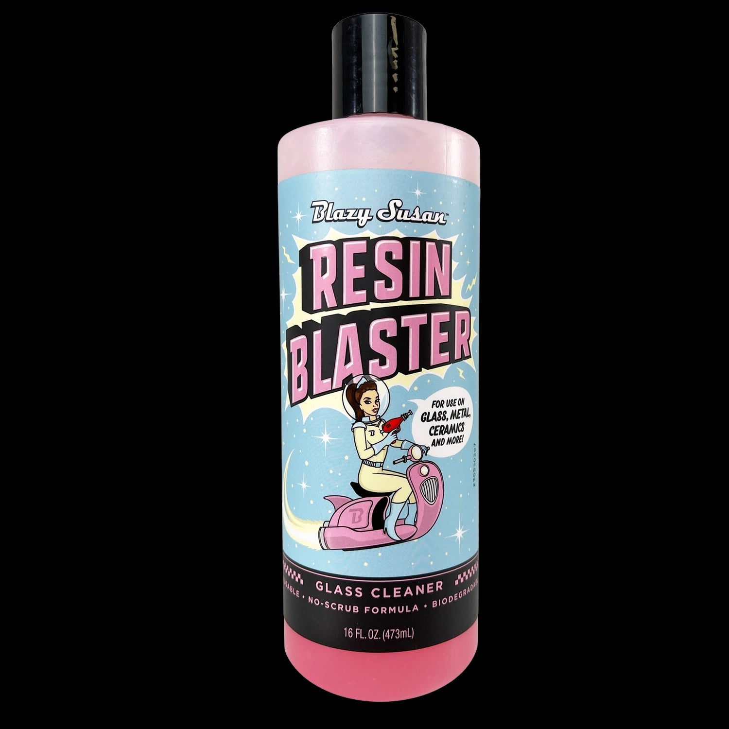 Centered front view of a pink bottle labeled Blazy Susan Resin Blaster with retro comic artwork on a black background