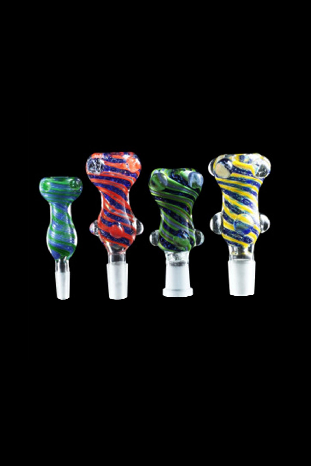 Four colorful glass cannabis bubblers against a black background.
