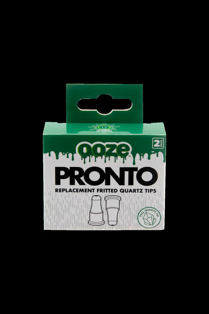 Ooze Pronto replacement frittered quartz tips packaging, a two-pack for use with dab pens.