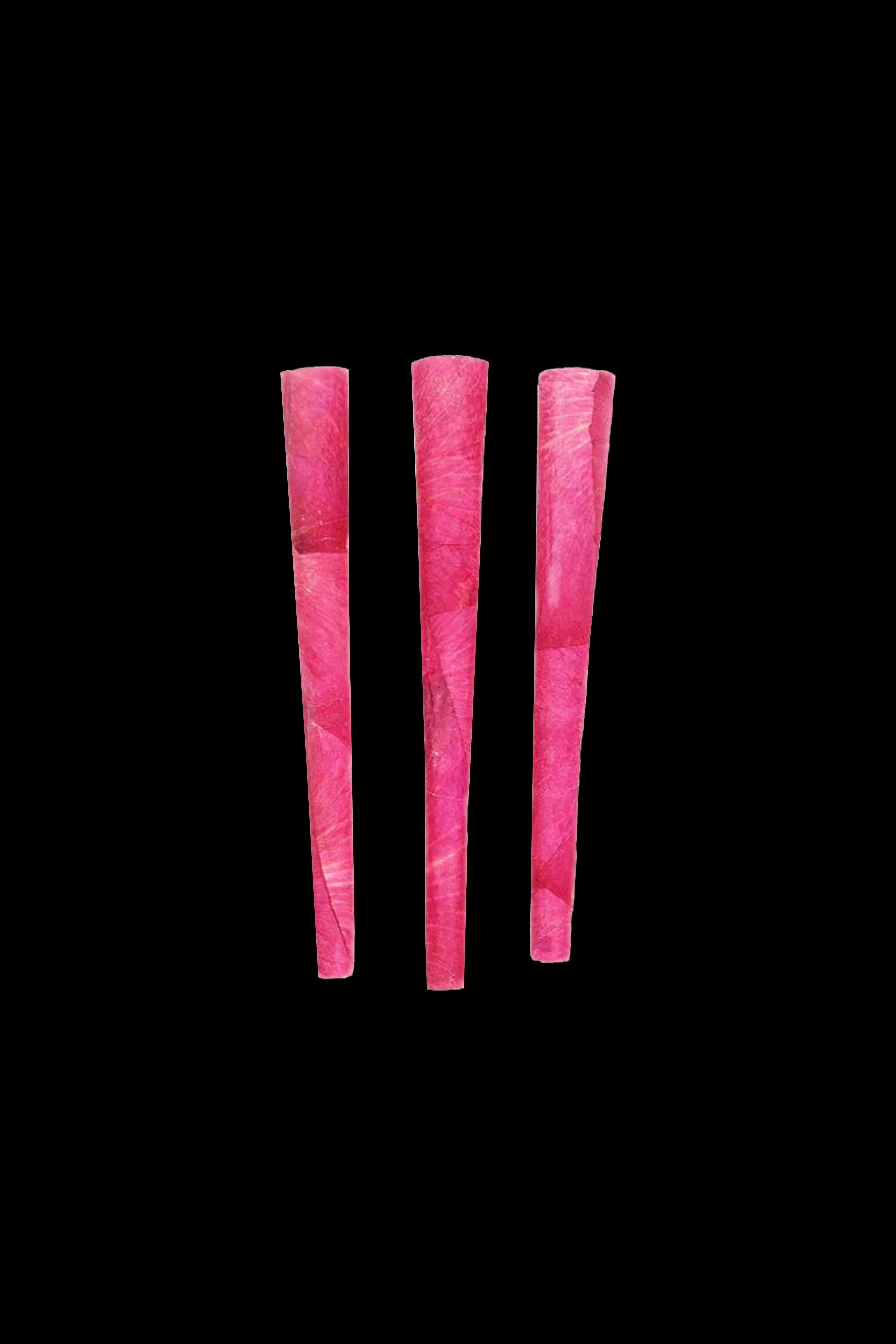 Three pink pre-rolled cones against a black background.