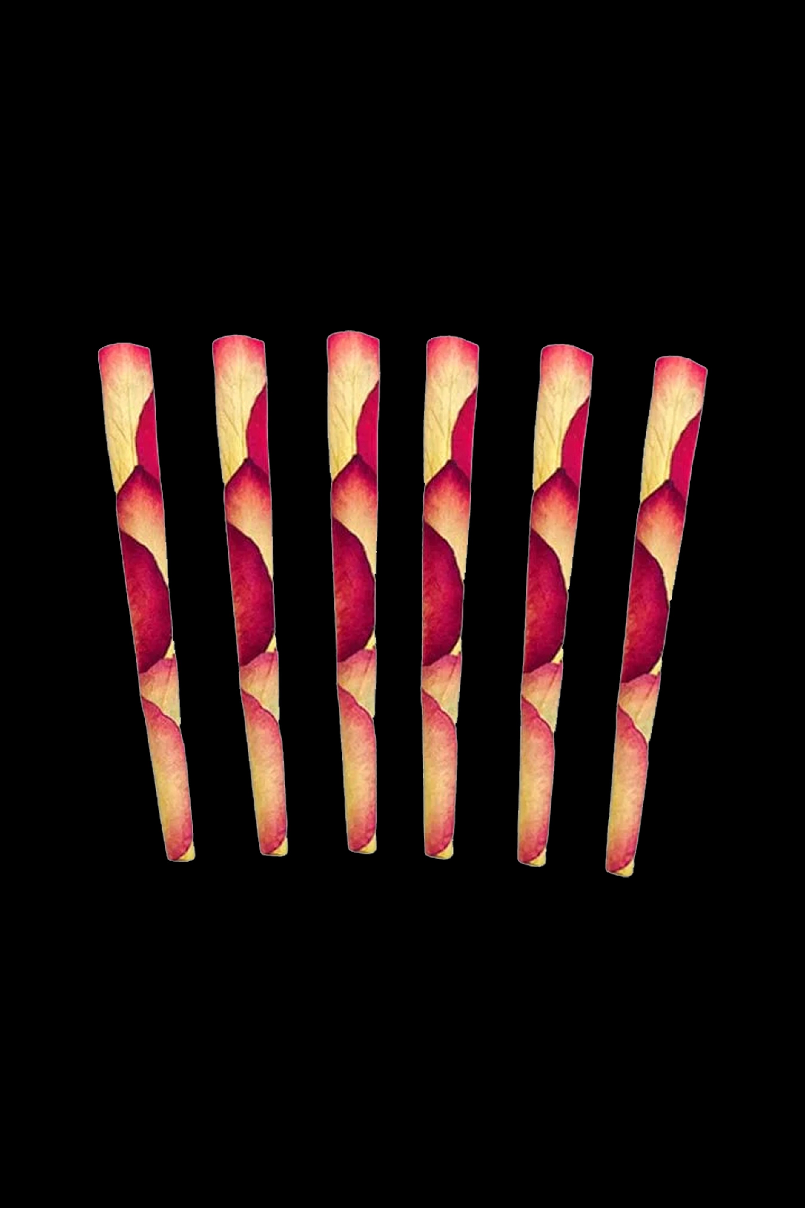 Seven rolled cannabis filters with a red and gold marbled pattern against a black background.