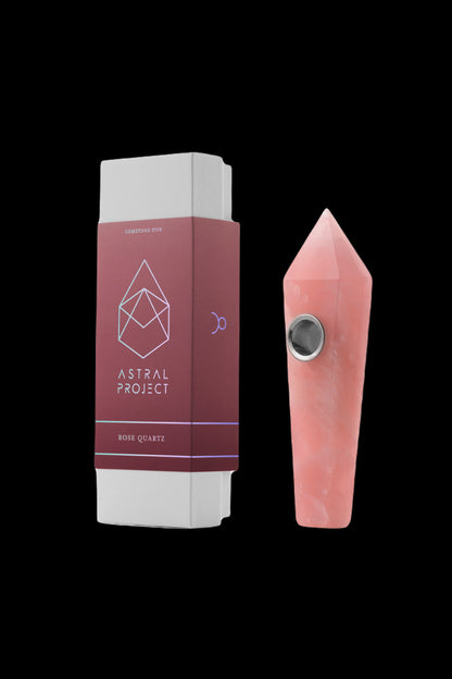 Rose quartz gemstone pipe and packaging from Astral Project.