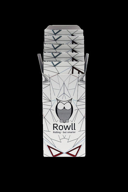 A white, geometric-patterned box for Rowll, a cannabis rolling accessory, featuring an owl illustration and the tagline "Rolling - but smarter."