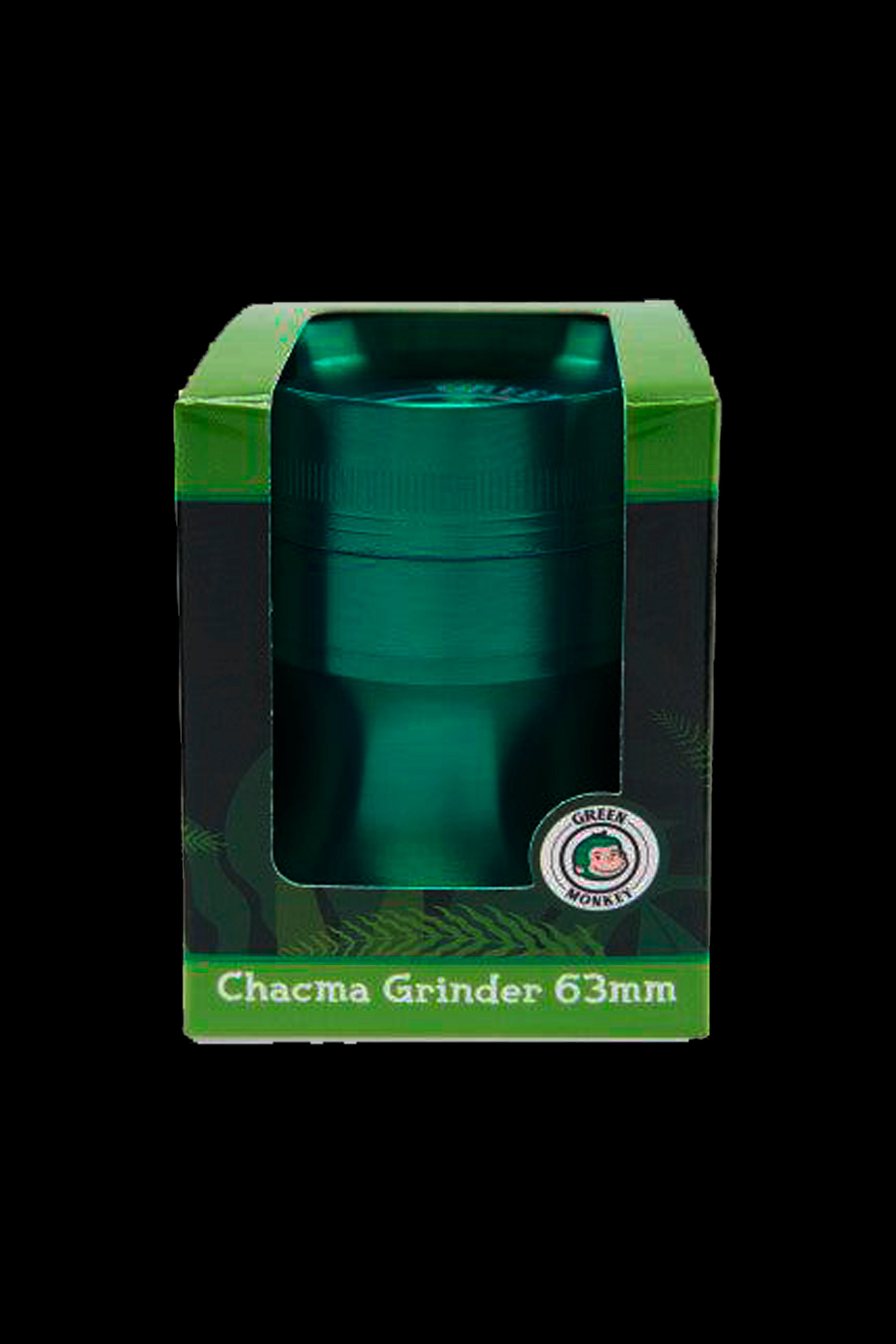 Close-up front view of a metallic green Green Monkey Chacma Grinder with Ashtray shown inside its green display box.