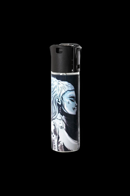 Clear lighter with illustrated woman’s face, black background.