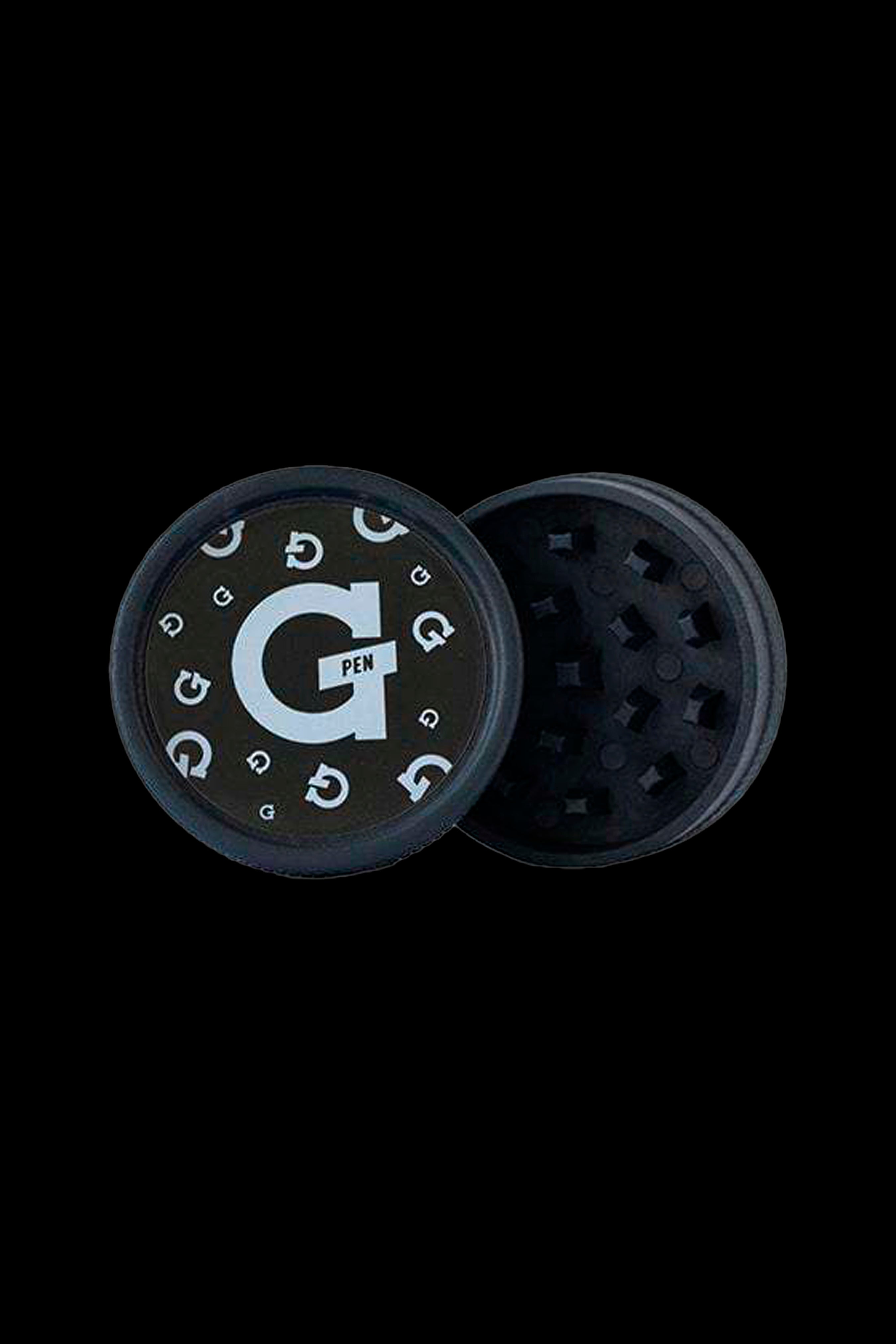Open cannabis grinder with a black exterior and white "G Pen" logo, revealing the ground herb compartment.