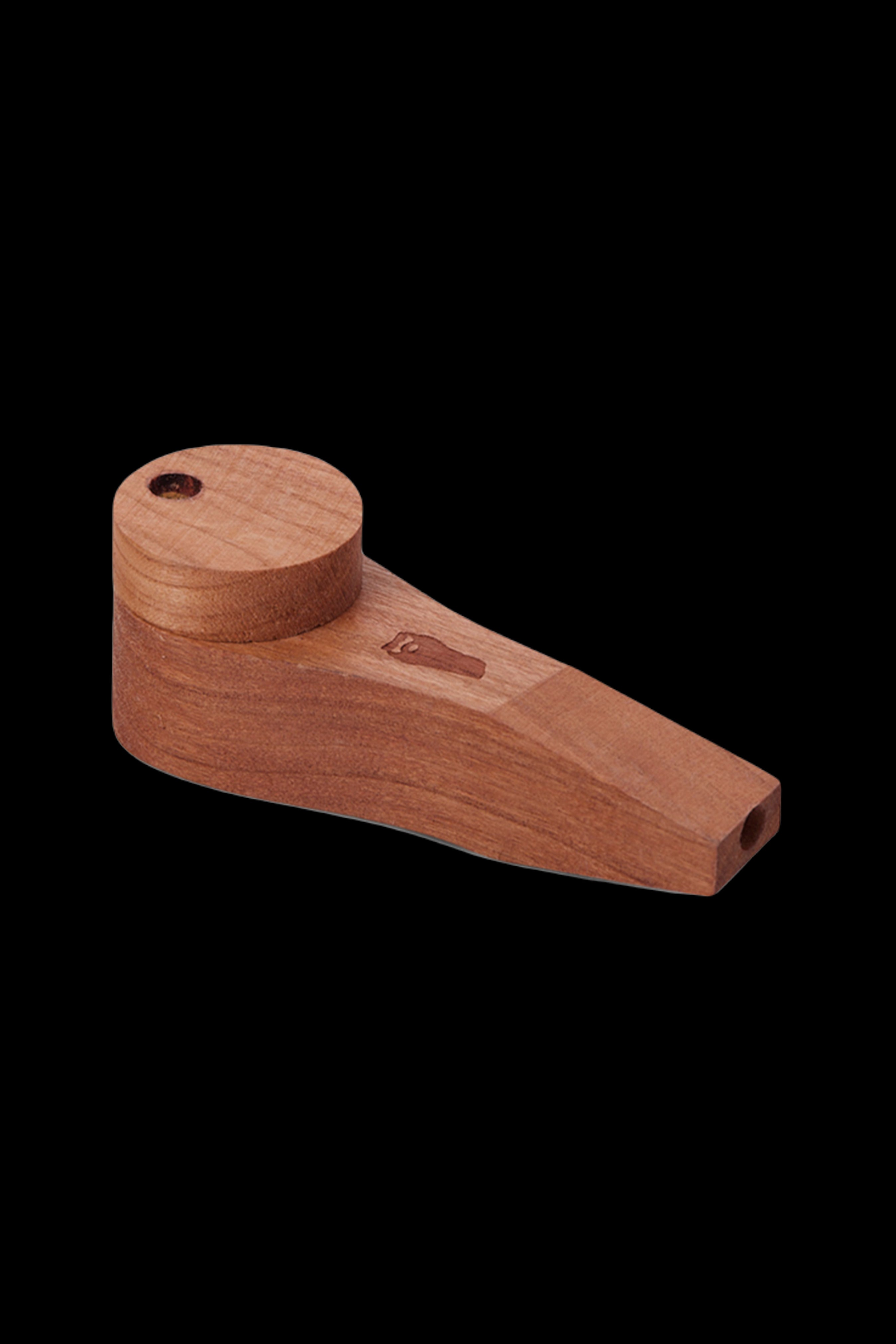 Wooden smoking pipe with carved detailing on a black background.