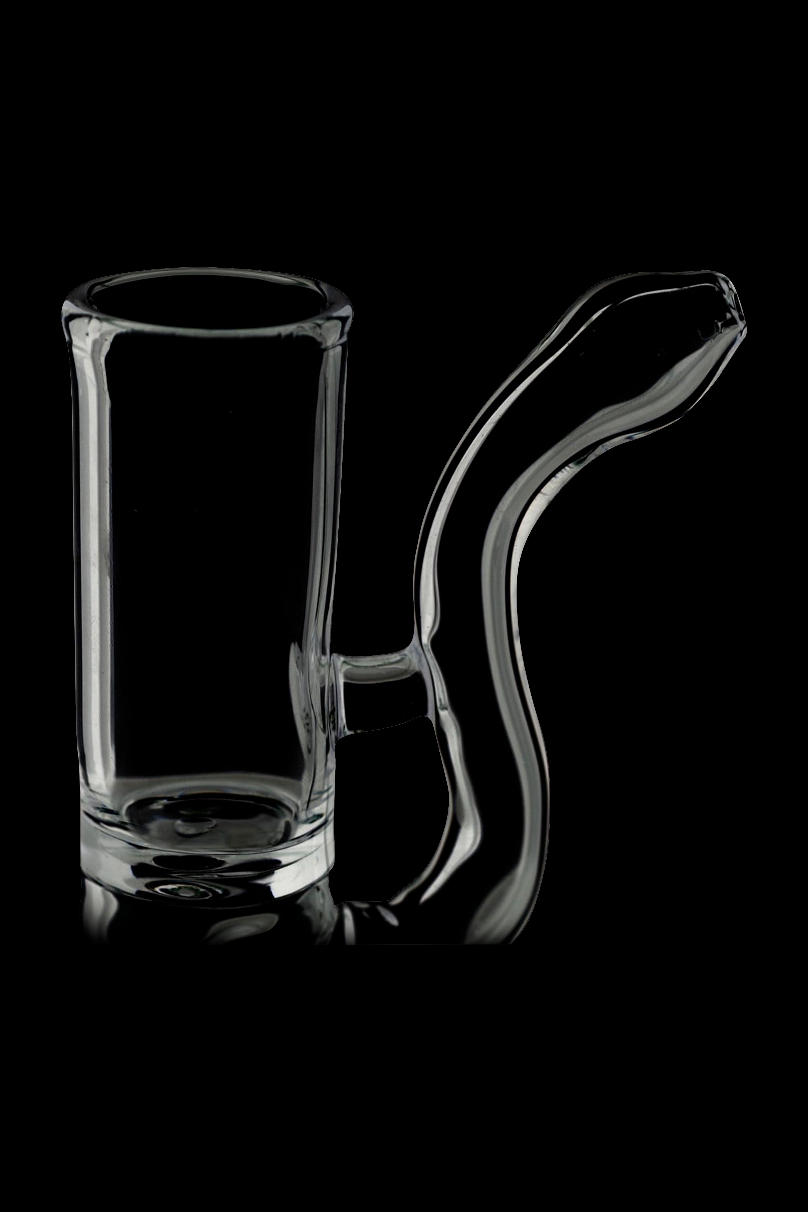 Clear glass bubbler and downstem against a black background.