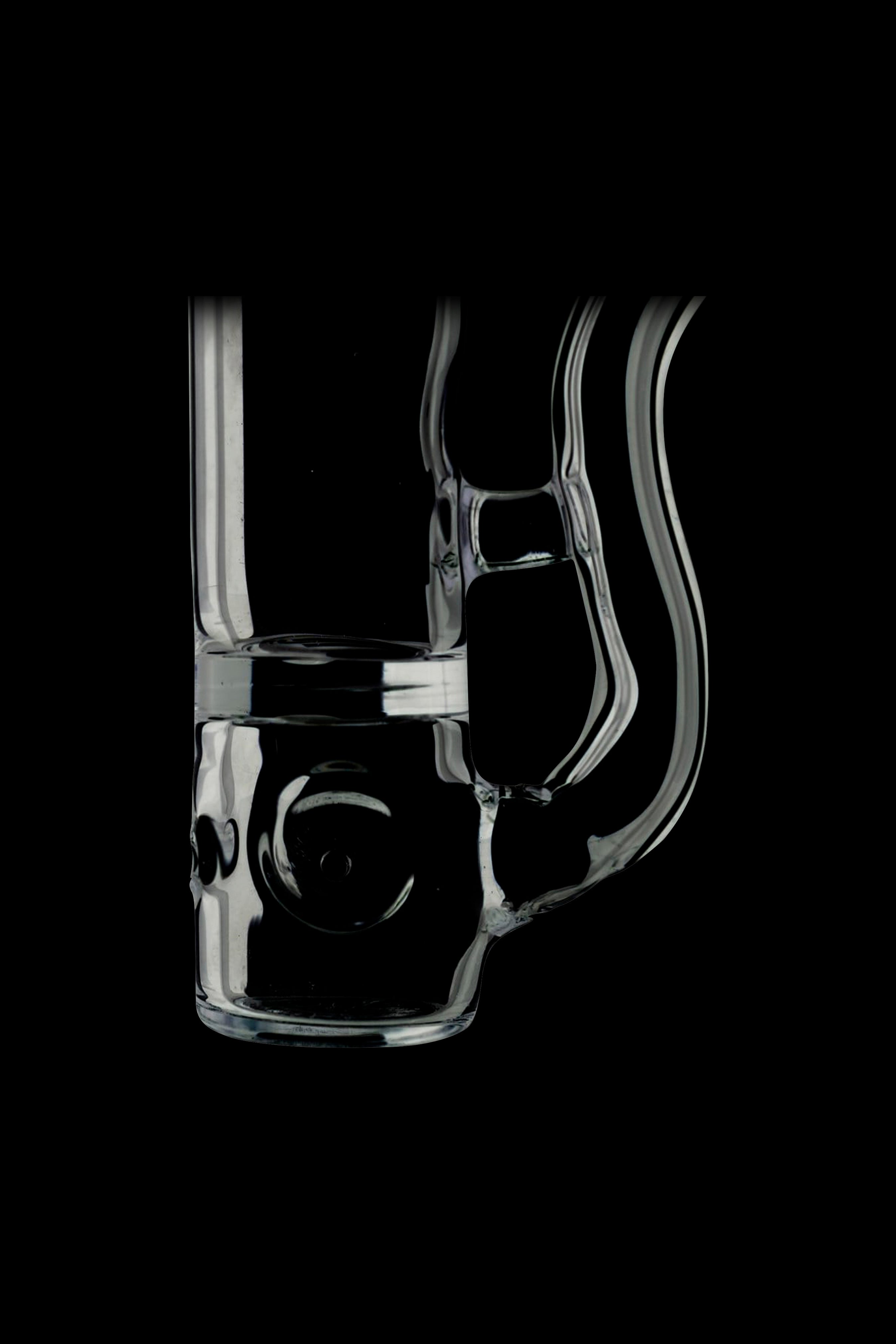 Clear glass water pipe (rig) with intricate design, isolated on black.