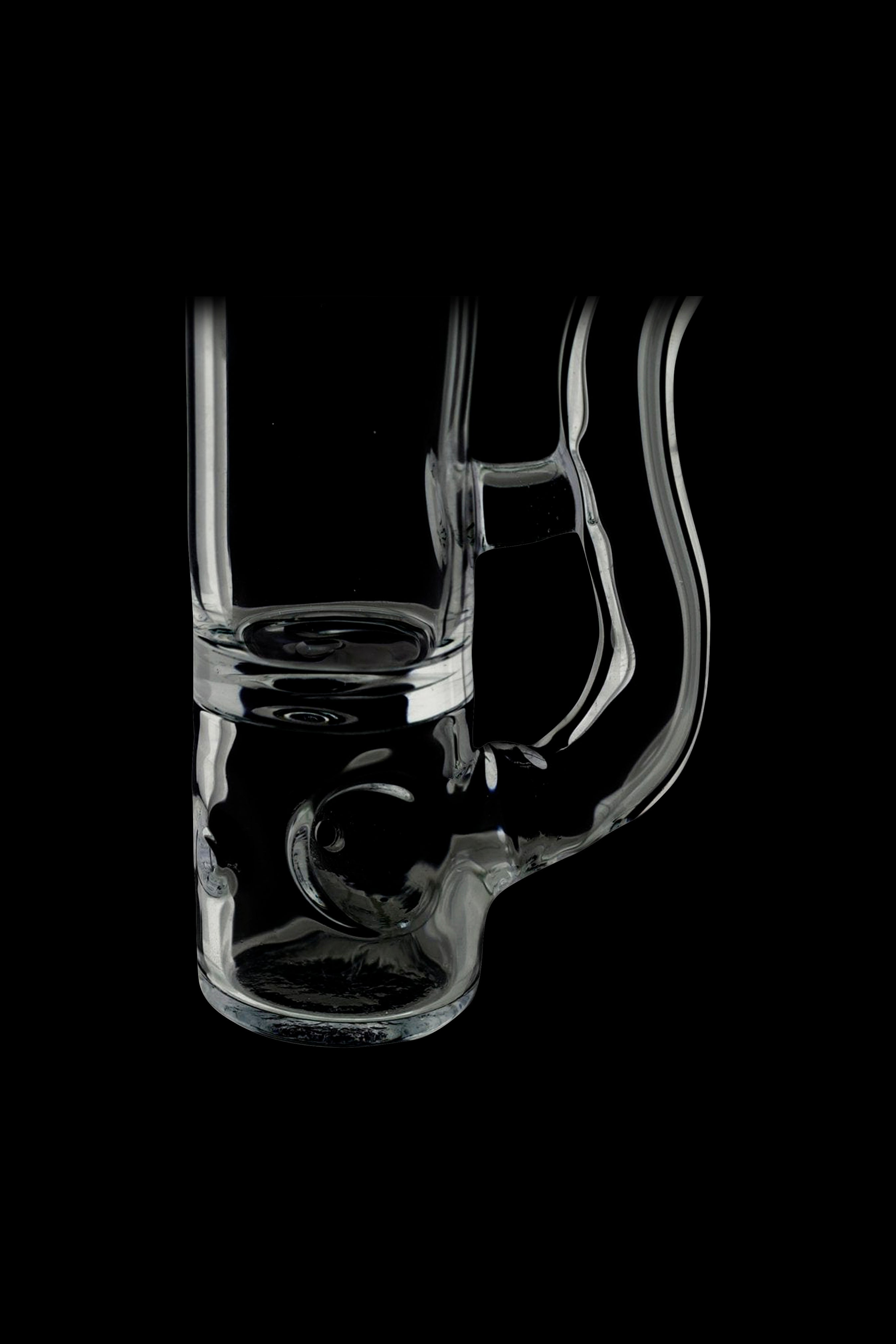 Clear glass water pipe (bong) with intricate swirling design, isolated on black.