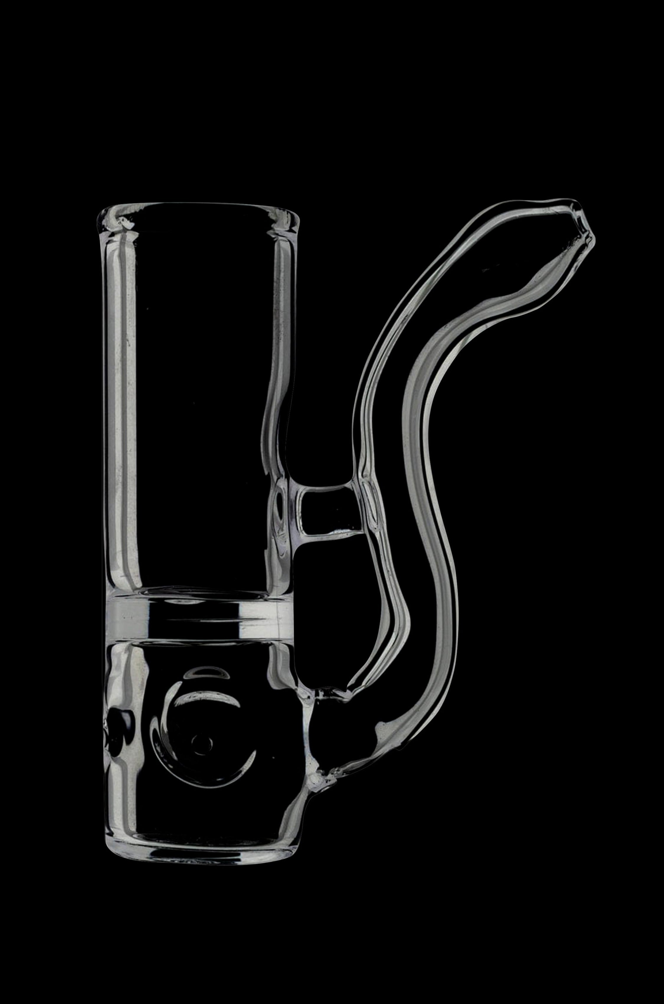 Clear glass bubbler water pipe against a black background.