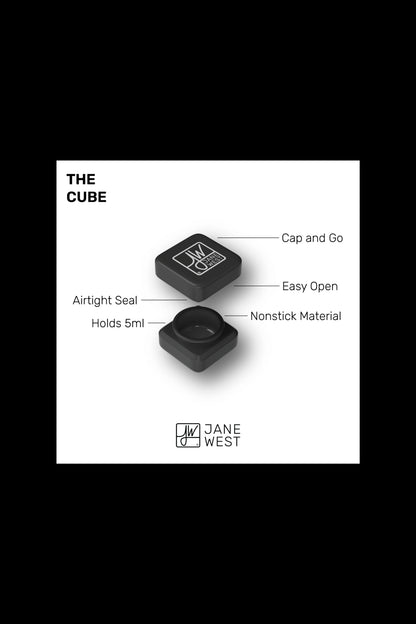Black silicone cannabis container labeled "The Cube" by Jane West, featuring airtight seal, easy open design, and nonstick material, holds 5ml.