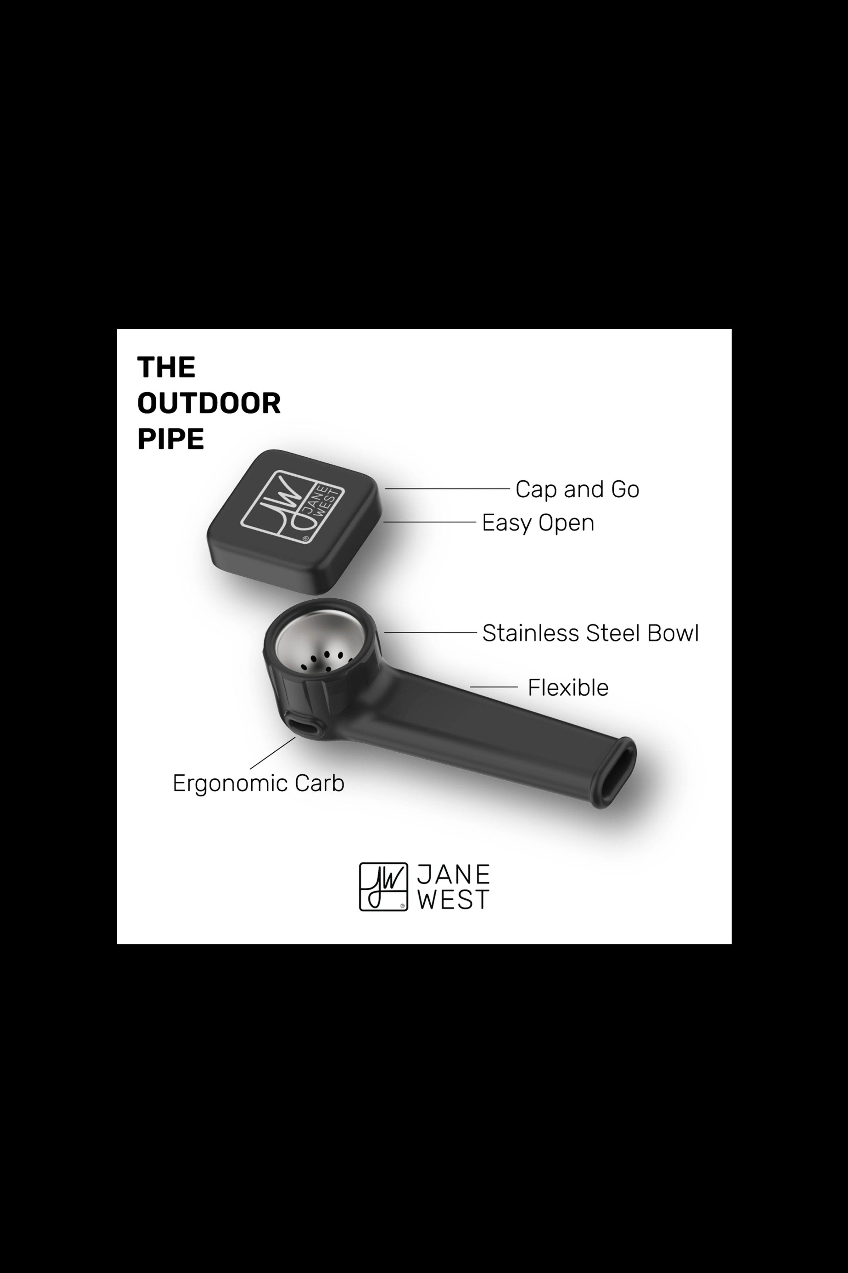 Product shot of the Jane West "Outdoor Pipe" with labeled features including cap, bowl, and ergonomic carb.