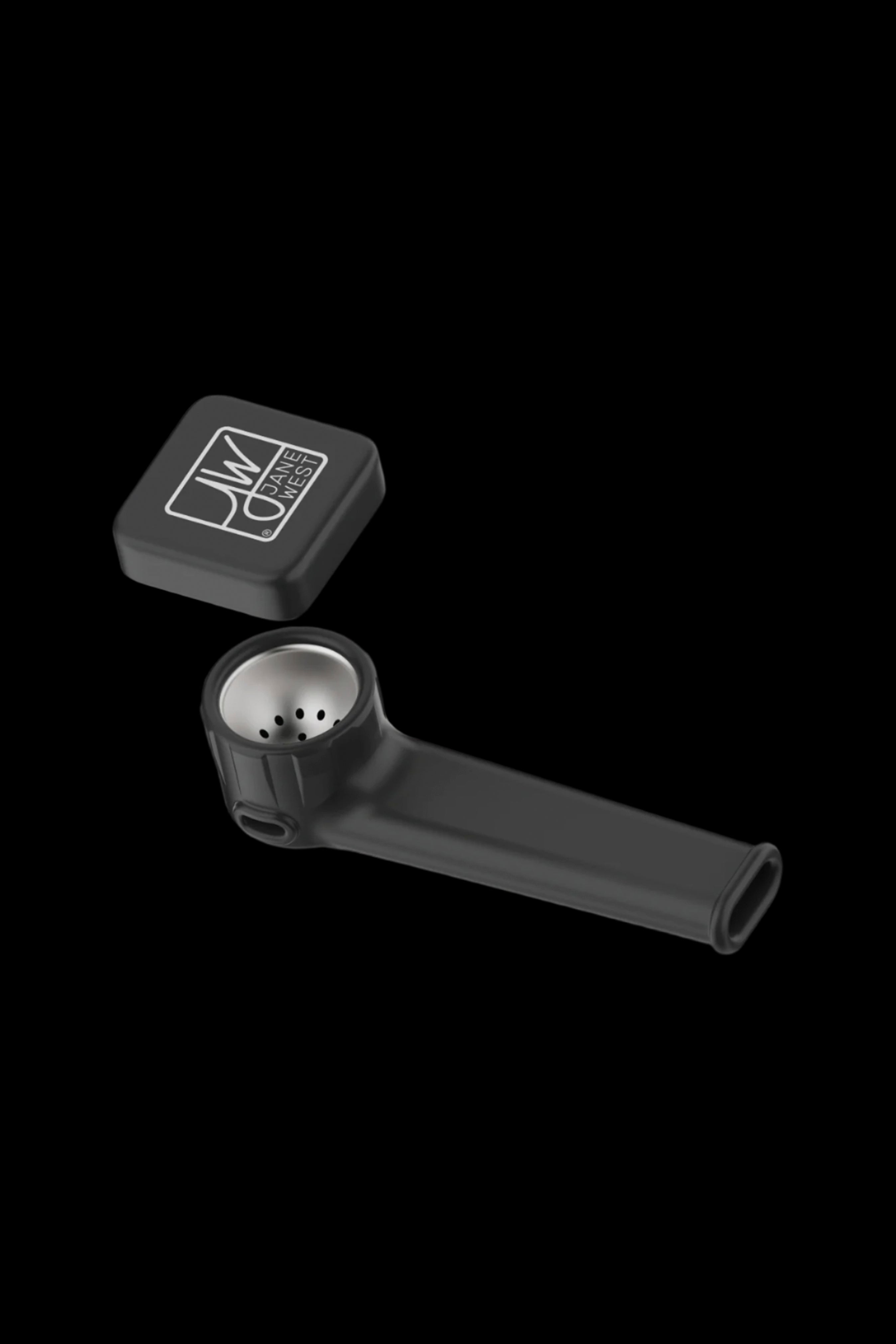 Black cannabis pipe with removable bowl and branded case.