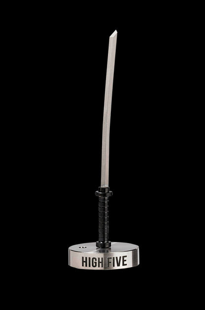 Silver katana-style dab tool with a base displaying “HIGH FIVE” in bold letters, against a black background.