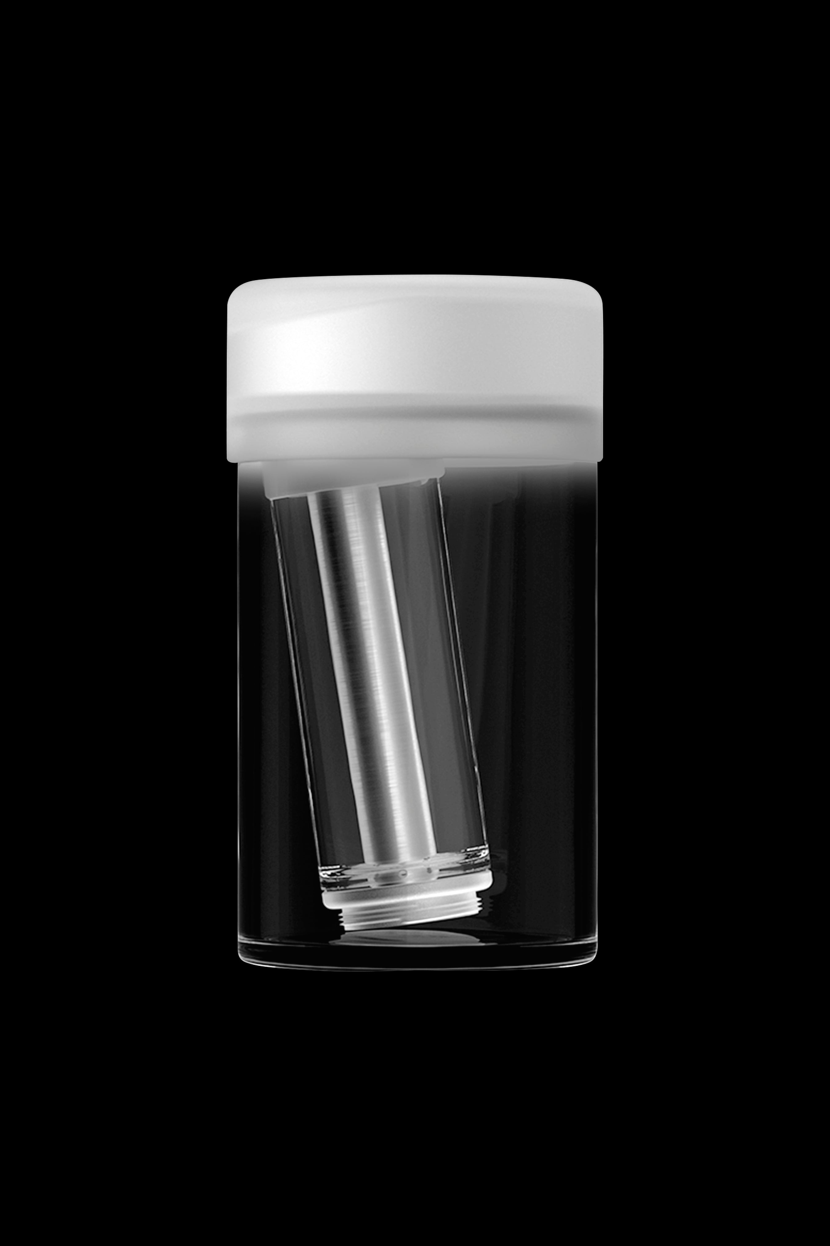 Clear cannabis oil cartridge inside a protective tube on a black background.