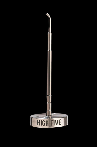 Silver cannabis dab tool with “HIGH FIVE” engraved on the base, isolated on a black background.