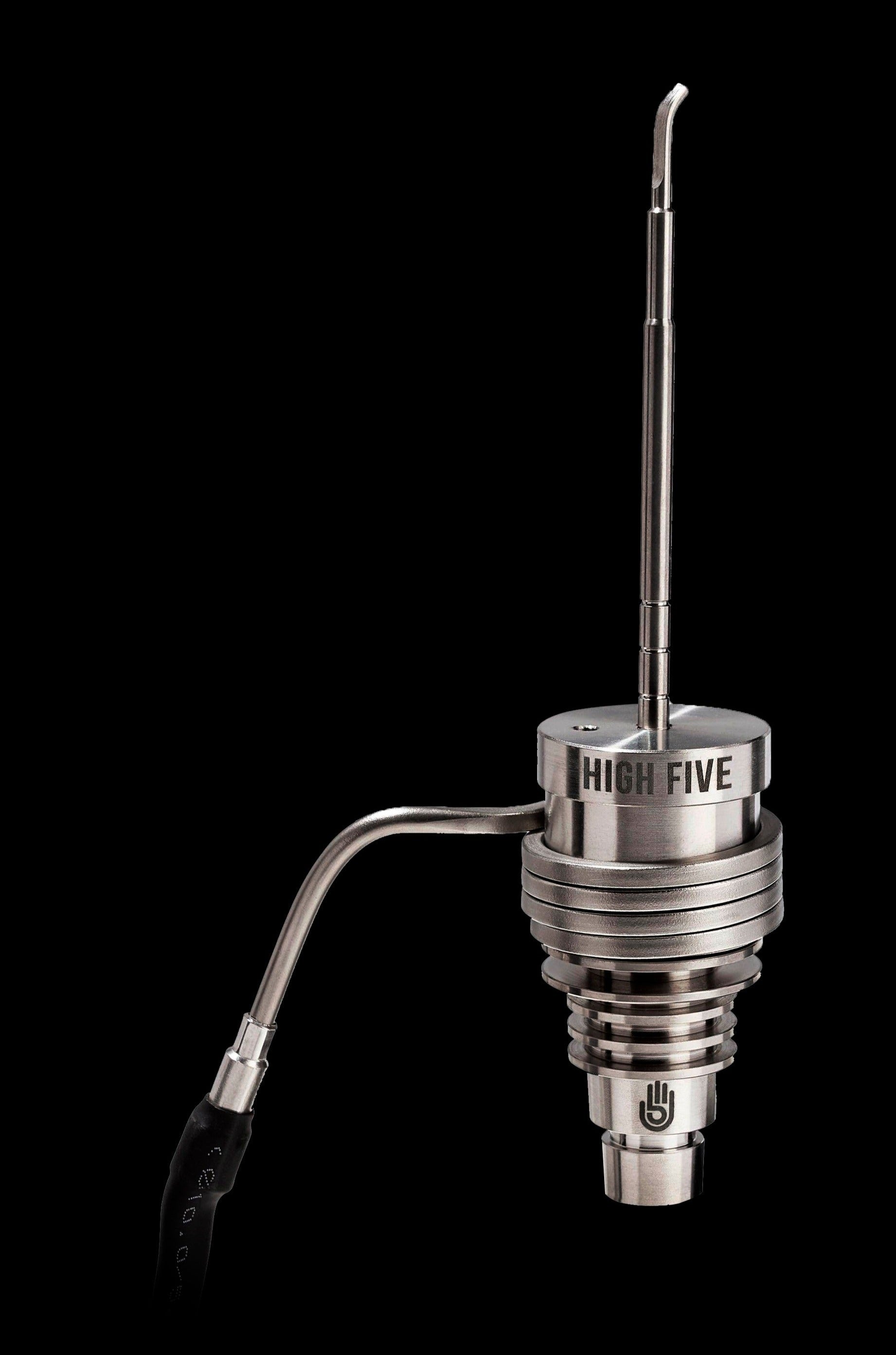 Silver cannabis dab rig attachment with a long, curved neck and branded with “HIGH FIVE.”