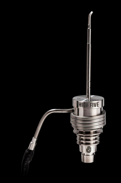 Silver cannabis dab rig attachment with a long, curved neck and branded with “HIGH FIVE.”