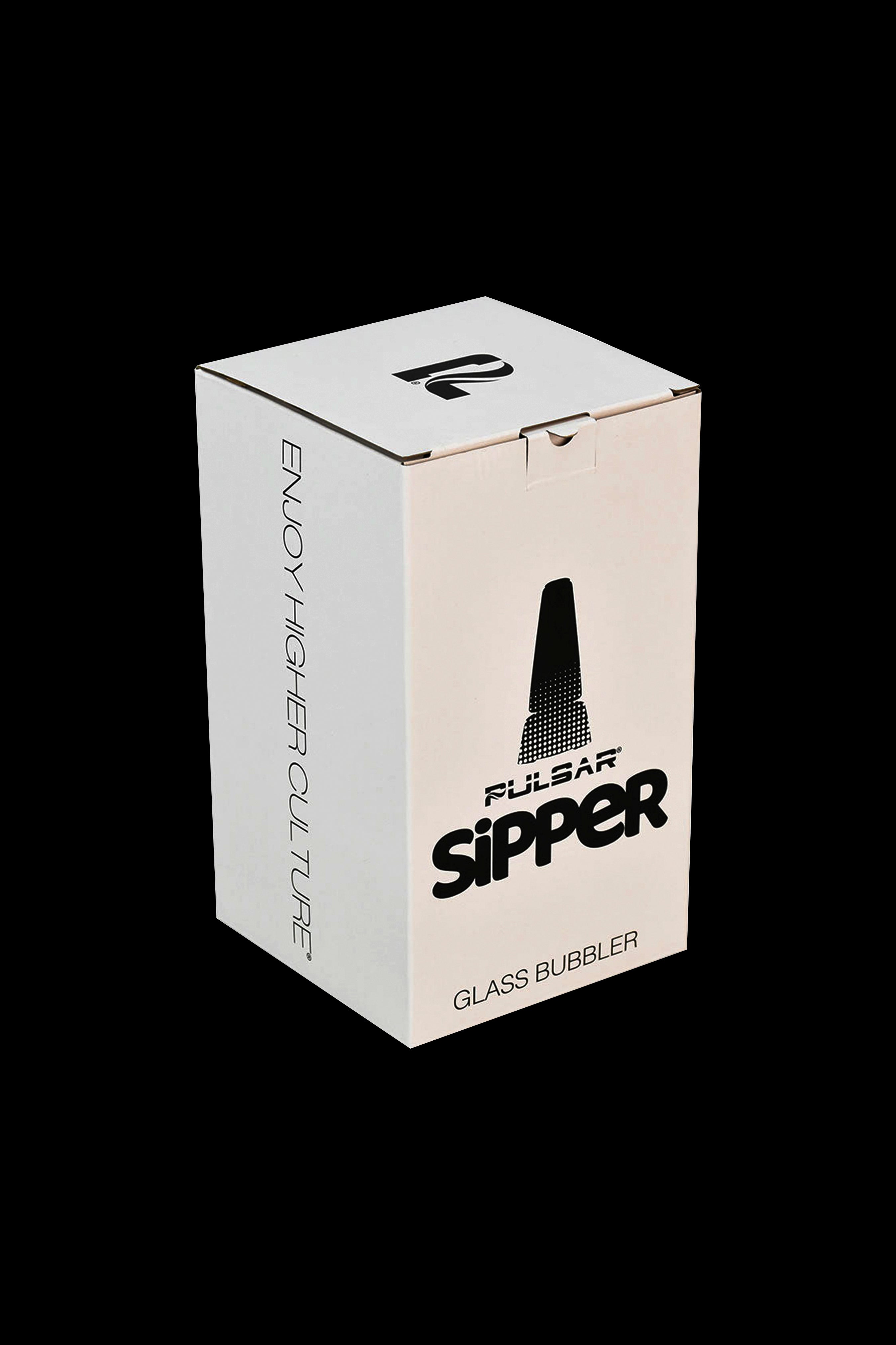 Beige box for Pulsar Sipper glass bubbler with branding and product illustration.