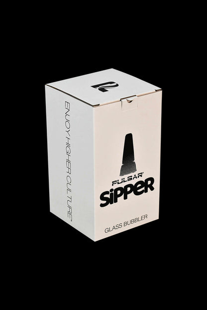 Beige box for Pulsar Sipper glass bubbler with branding and product illustration.