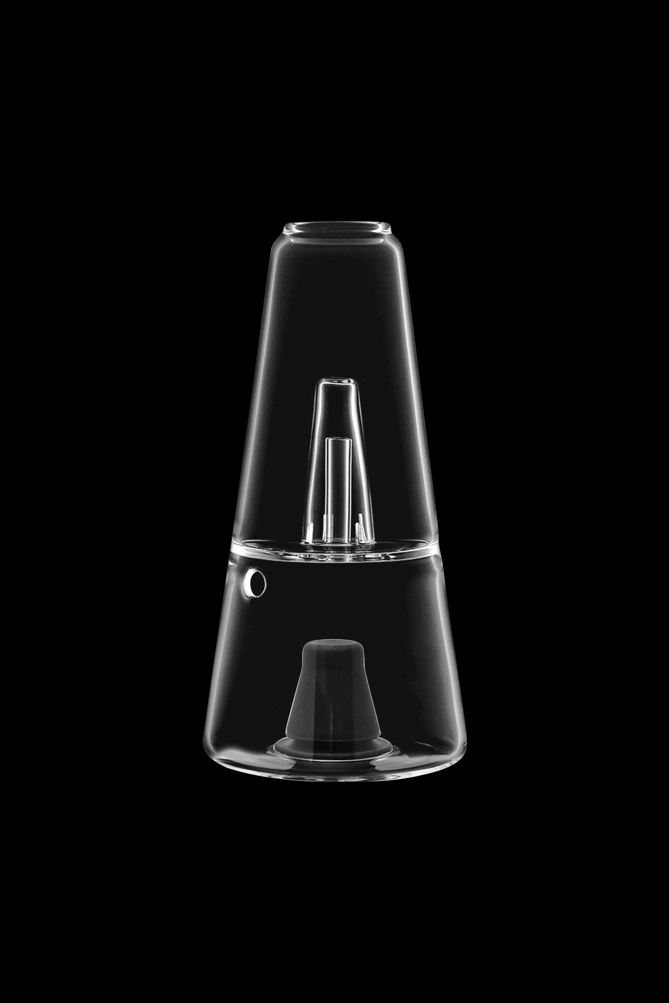 Clear glass dab rig isolated on a black background.