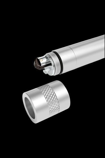 Silver cannabis oil vape pen disassembled, showing the cartridge and mouthpiece separated.