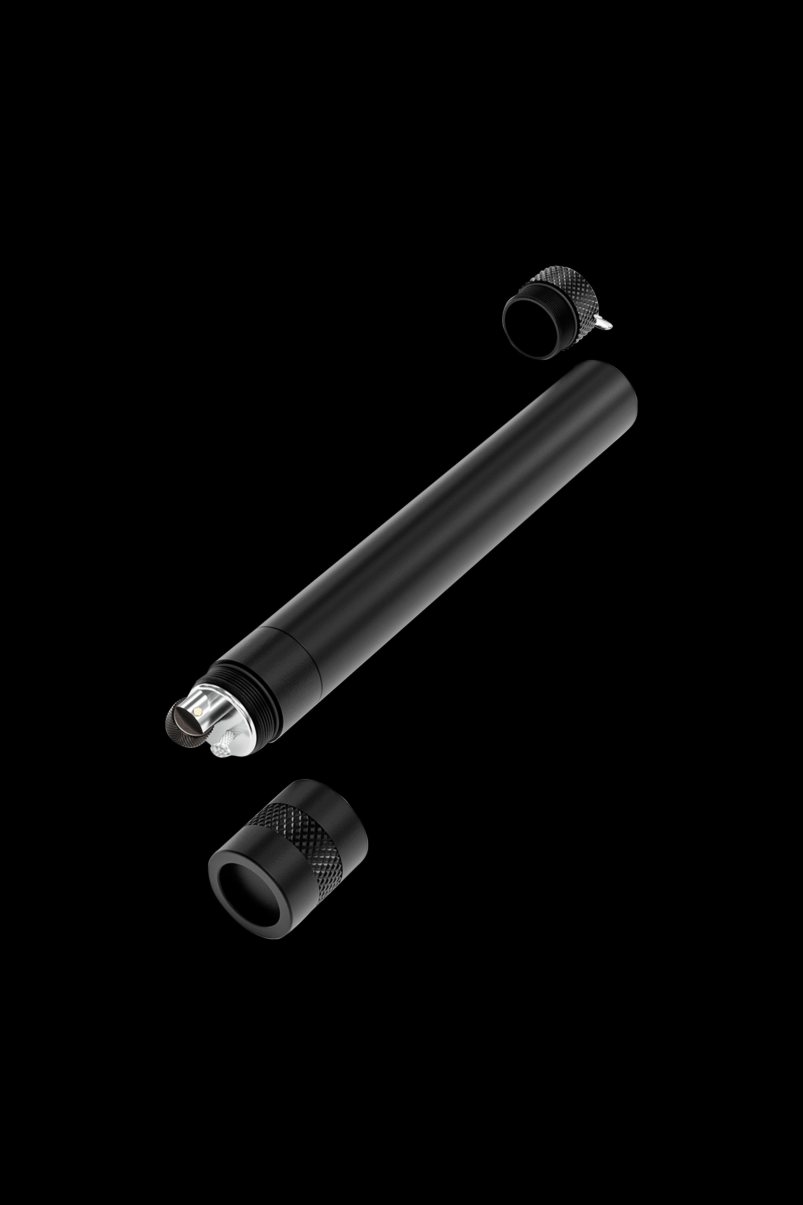 Black cannabis oil vape pen disassembled, showing cartridge and mouthpiece.