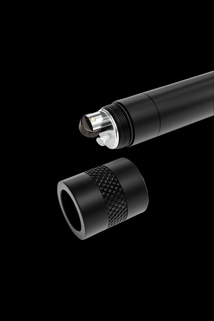 Black metal cannabis pipe components disassembled, showing a threaded connection.