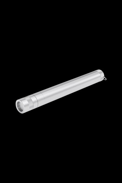 Silver one-hitter pipe with textured grip.